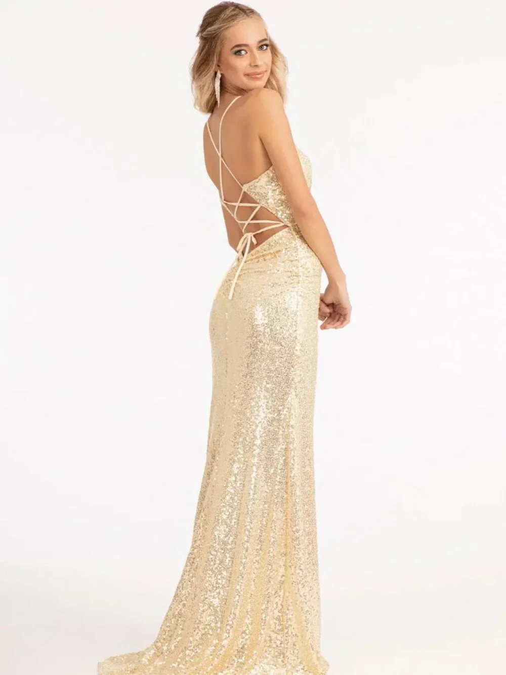 NEW CHAMPAGNE Lace & Sequin V-Neck Prom Gown Floor Length With Slit GL3049
